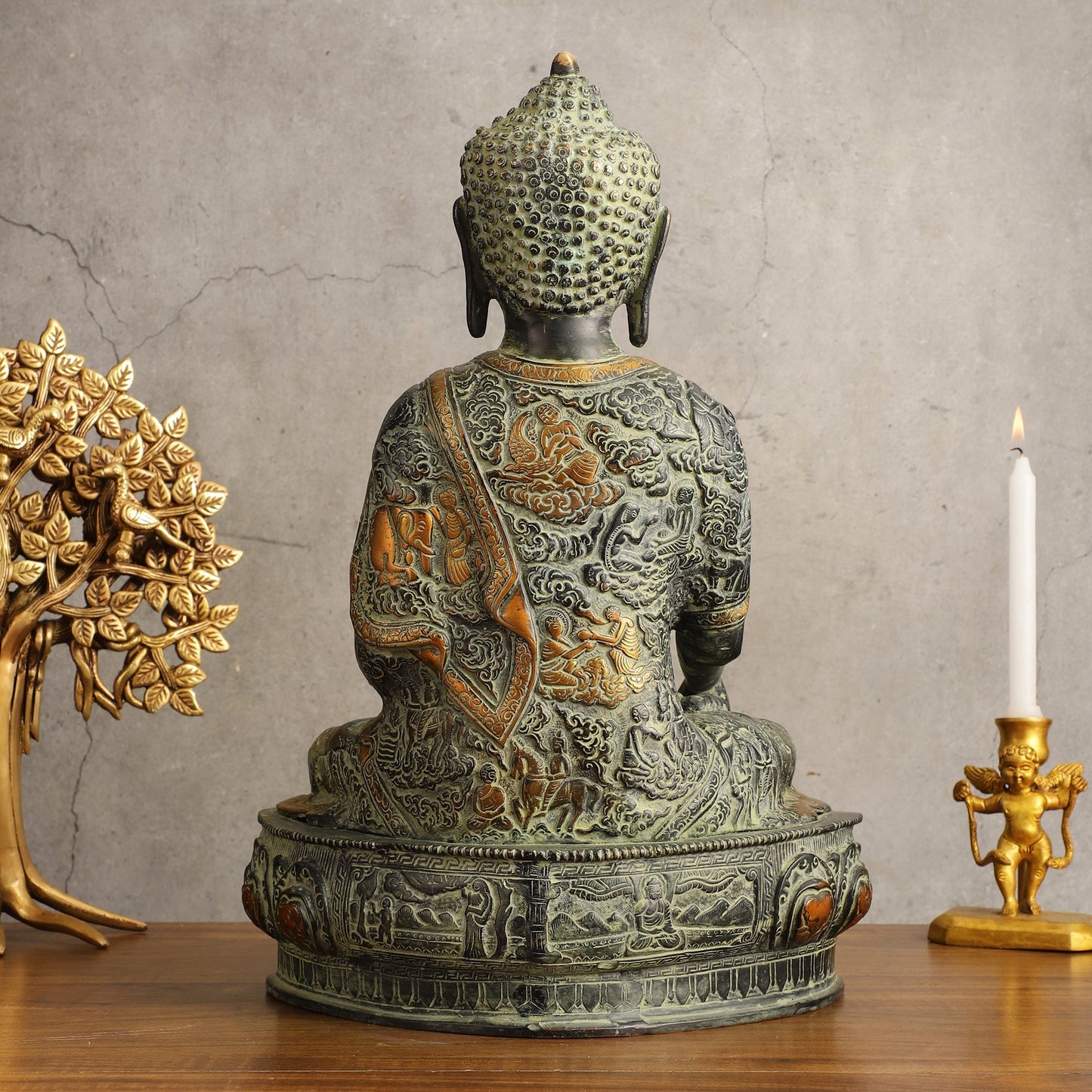 Pure Brass Antique Sand Finish Buddha life-story Sculpture - 15.5" Height