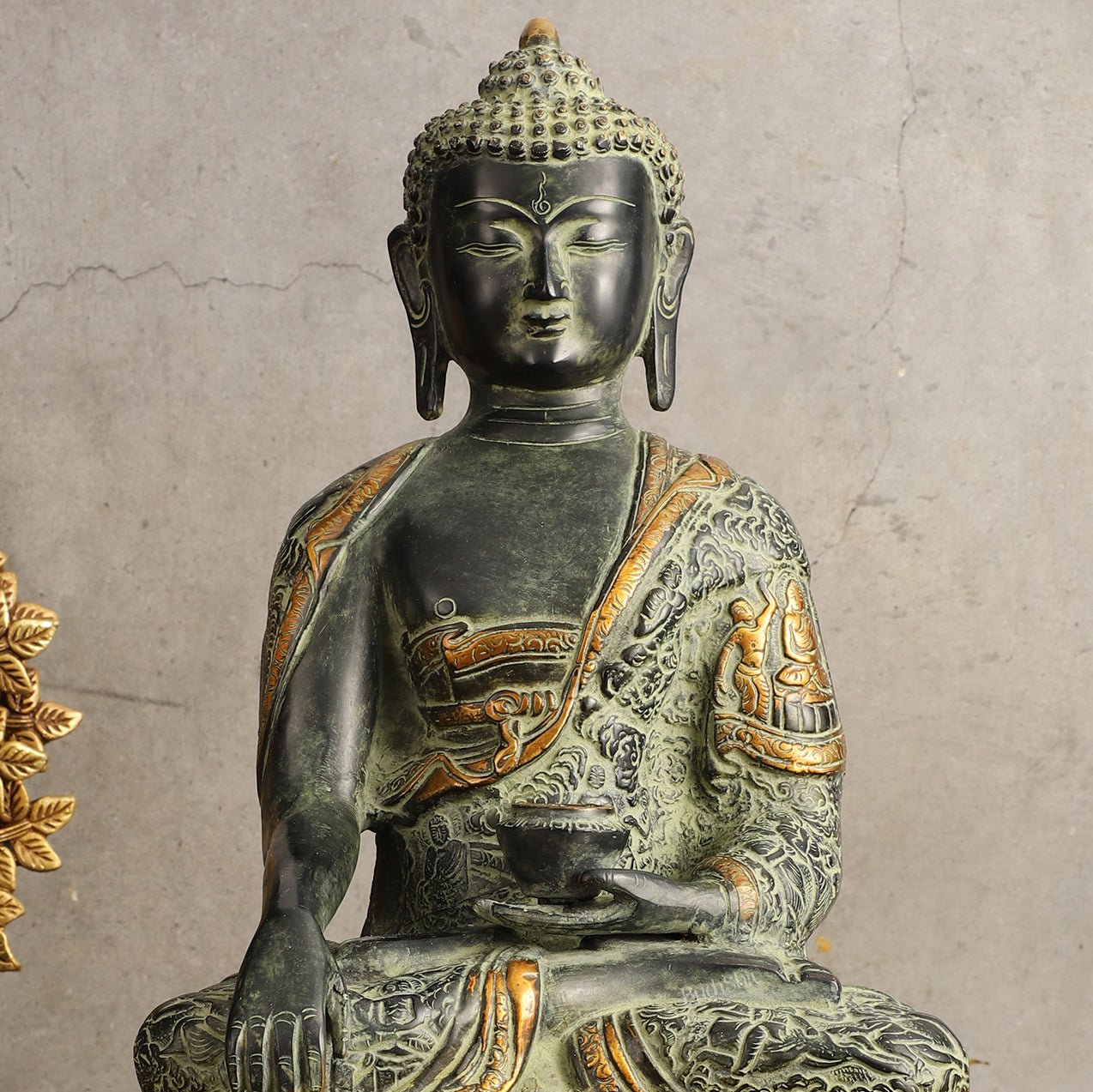 Pure Brass Antique Sand Finish Buddha life-story Sculpture - 15.5" Height