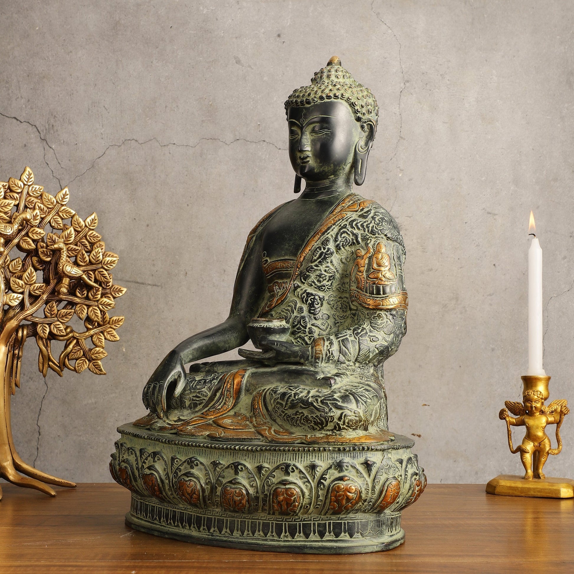 Pure Brass Antique Sand Finish Buddha life-story Sculpture - 15.5" Height