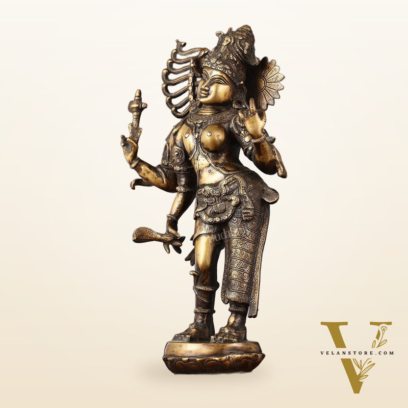 Pure Brass Antique Tone Ardhanarishwara Statue - 20 inch