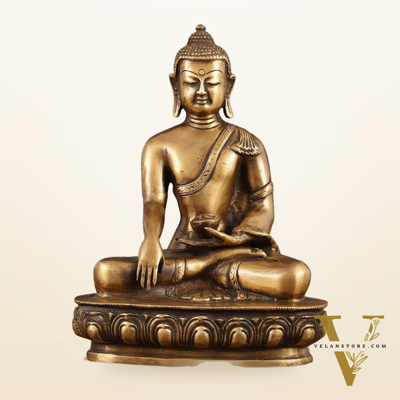 Pure Brass Antique Tone Buddha Statue with Hand Down - 9.5" Height