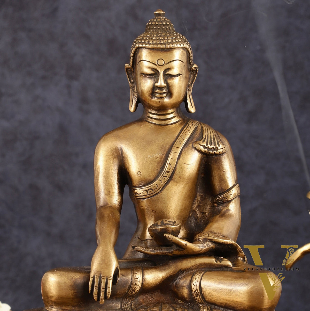 Pure Brass Antique Tone Buddha Statue with Hand Down - 9.5" Height