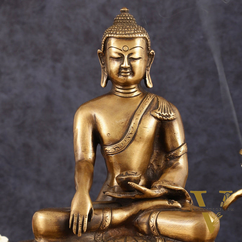 Pure Brass Antique Tone Buddha Statue with Hand Down - 9.5" Height