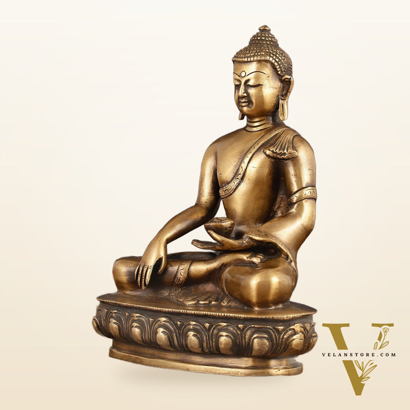 Pure Brass Antique Tone Buddha Statue with Hand Down - 9.5" Height