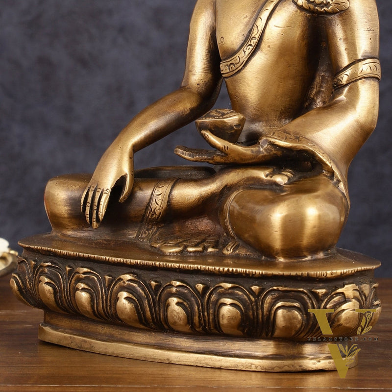 Pure Brass Antique Tone Buddha Statue with Hand Down - 9.5" Height