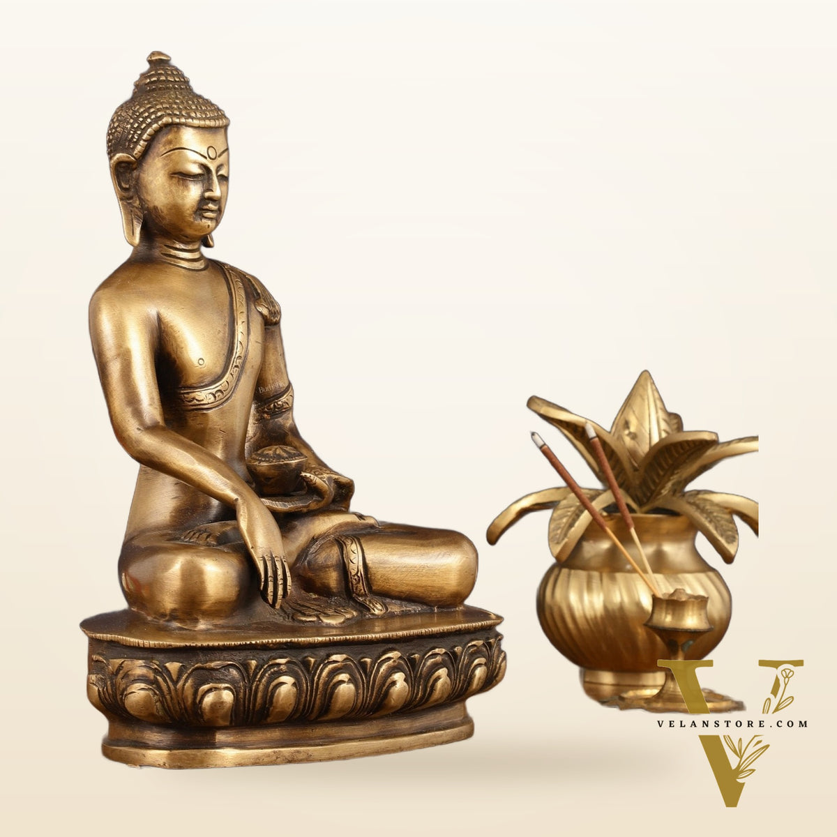 Pure Brass Antique Tone Buddha Statue with Hand Down - 9.5" Height