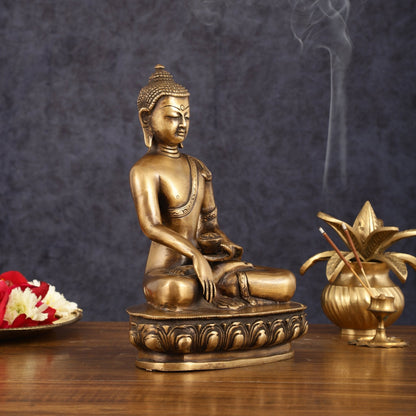 Pure Brass Antique Tone Buddha Statue with Hand Down - 9.5" Height