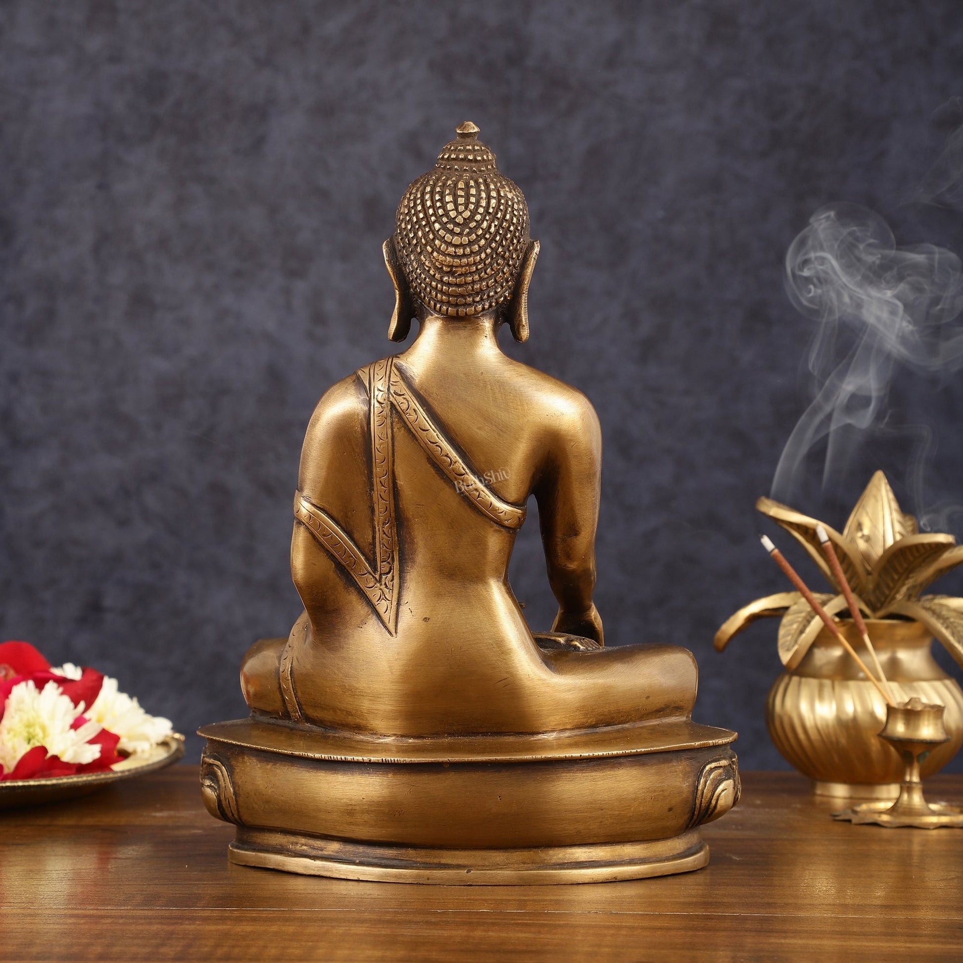 Pure Brass Antique Tone Buddha Statue with Hand Down - 9.5" Height