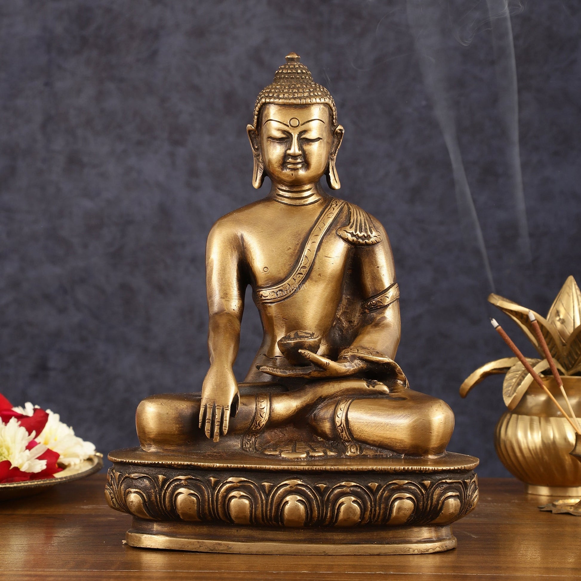 Pure Brass Antique Tone Buddha Statue with Hand Down - 9.5" Height