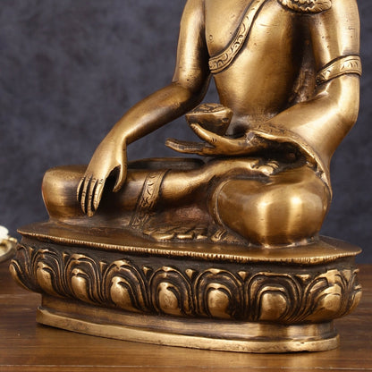 Pure Brass Antique Tone Buddha Statue with Hand Down - 9.5" Height