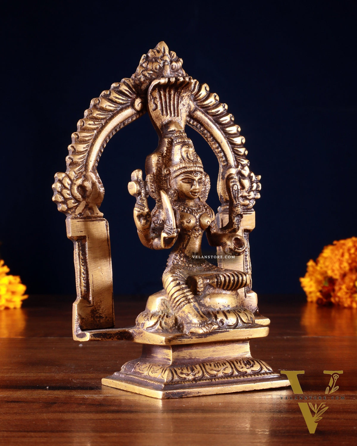 Pure Brass Antique tone Goddess Mariamman Idol with Prabhavali (Small Size) 5"