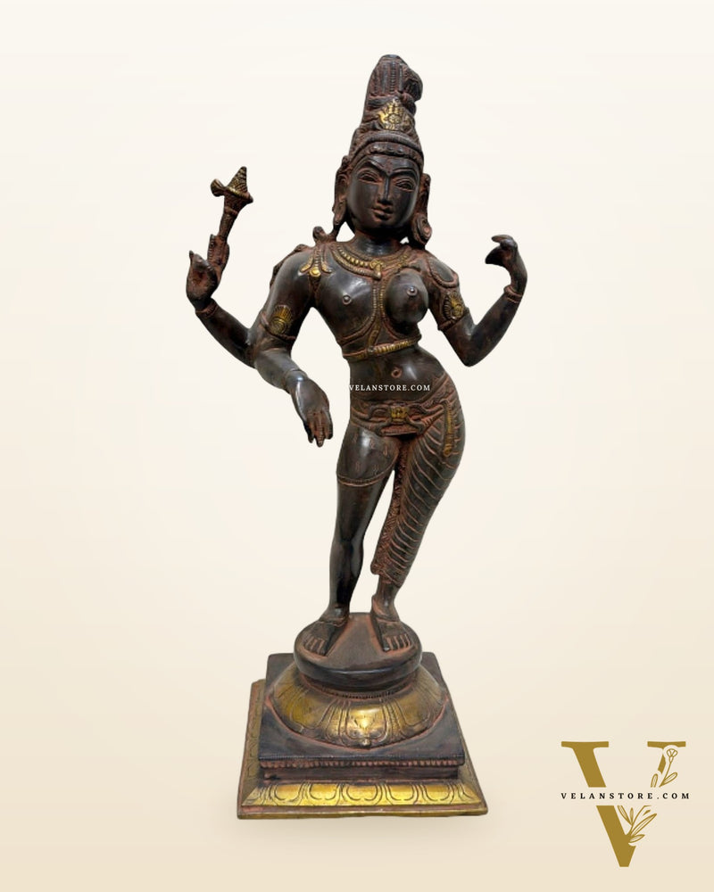 Pure Brass Ardhanarishwara Shiv Parvati Sculpture - 15.2 Inch Antique Sand Finish