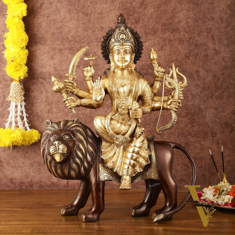 Pure Brass Ashtabhuja Goddess Durga Sitting on Lion - Dual Tone - 17" Tall