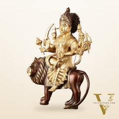 Pure Brass Ashtabhuja Goddess Durga Sitting on Lion - Dual Tone - 17" Tall