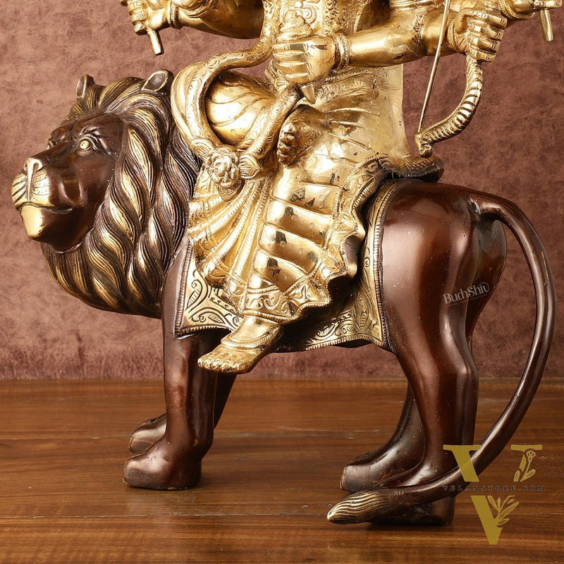 Pure Brass Ashtabhuja Goddess Durga Sitting on Lion - Dual Tone - 17" Tall
