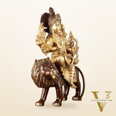 Pure Brass Ashtabhuja Goddess Durga Sitting on Lion - Dual Tone - 17" Tall
