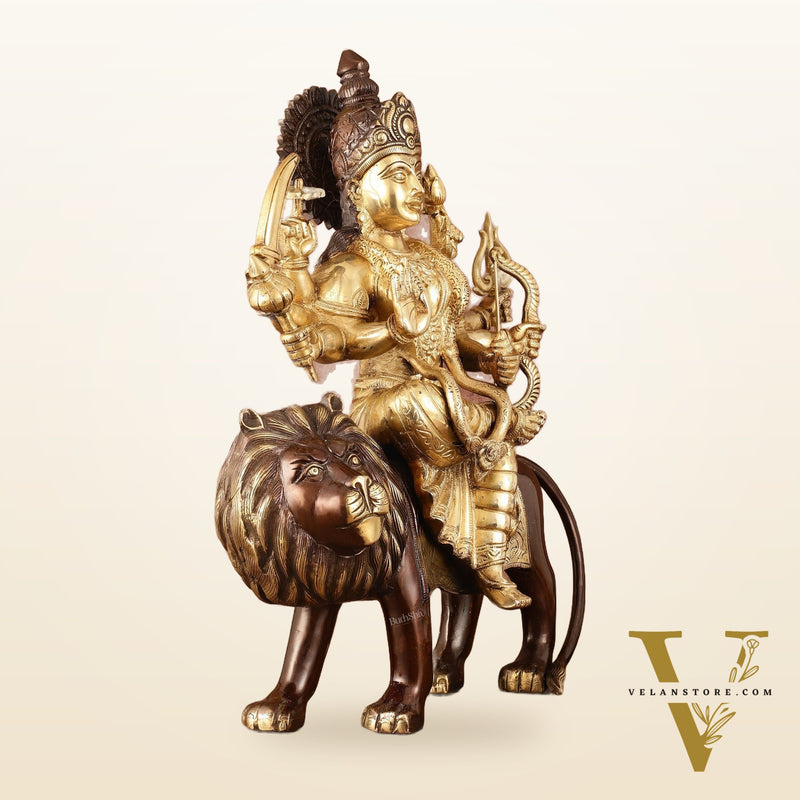 Pure Brass Ashtabhuja Goddess Durga Sitting on Lion - Dual Tone - 17" Tall