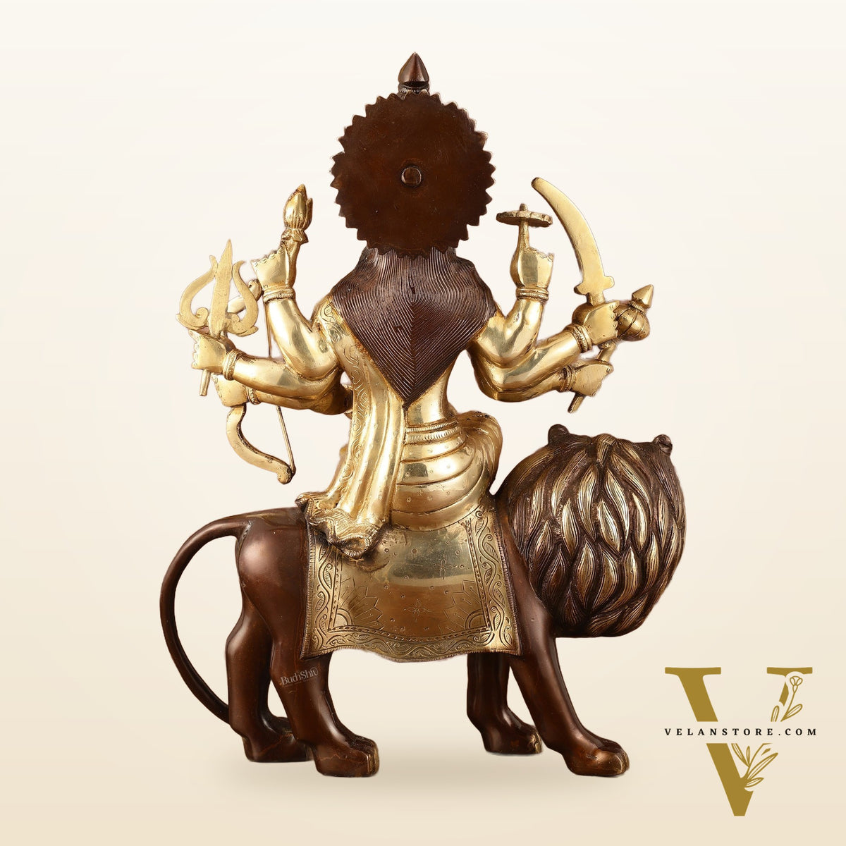 Pure Brass Ashtabhuja Goddess Durga Sitting on Lion - Dual Tone - 17" Tall