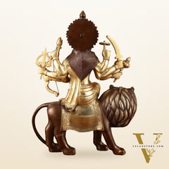 Pure Brass Ashtabhuja Goddess Durga Sitting on Lion - Dual Tone - 17" Tall