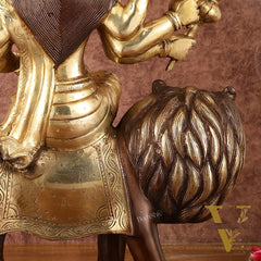Pure Brass Ashtabhuja Goddess Durga Sitting on Lion - Dual Tone - 17" Tall
