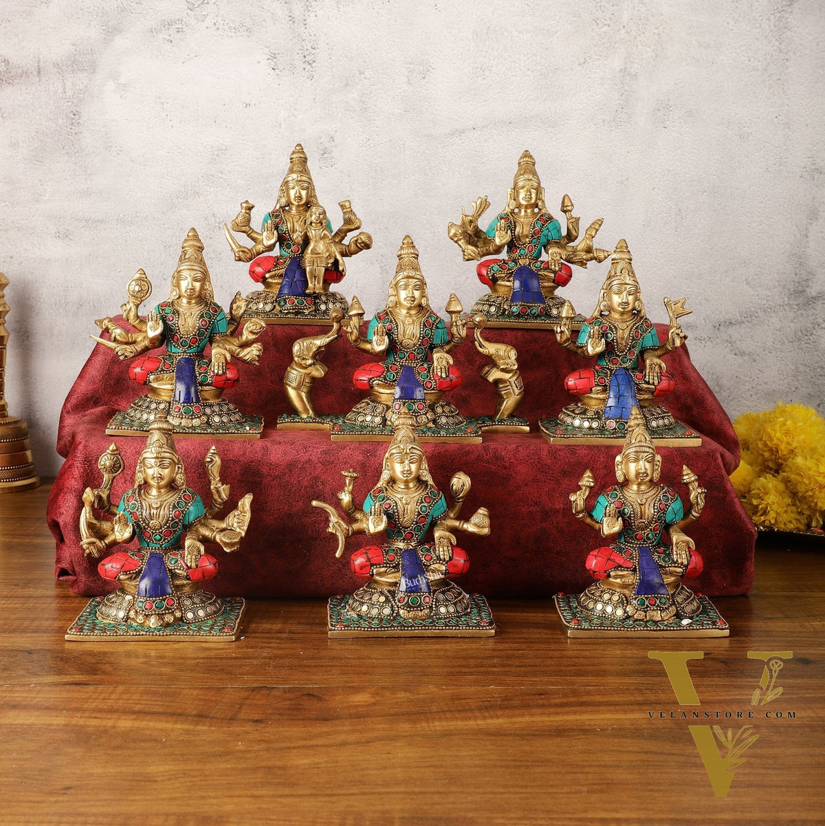 Pure Brass Ashtalakshmi Idols with Stonework - Set of 8 pcs - 5.5 inch
