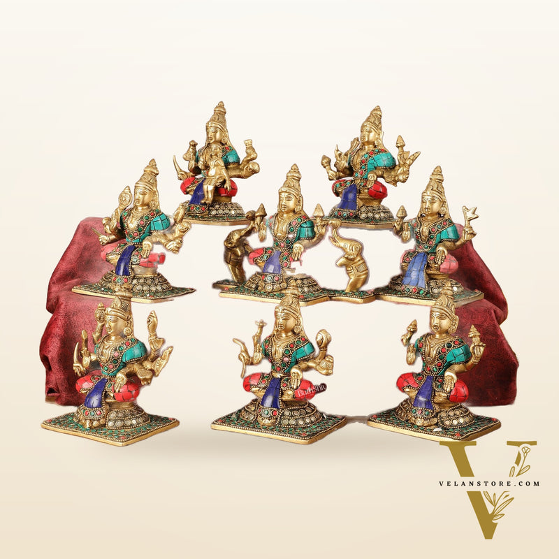 Pure Brass Ashtalakshmi Idols with Stonework - Set of 8 pcs - 5.5 inch
