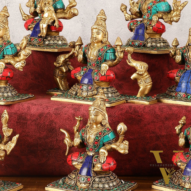 Pure Brass Ashtalakshmi Idols with Stonework - Set of 8 pcs - 5.5 inch