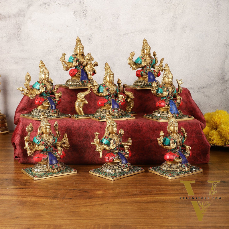 Pure Brass Ashtalakshmi Idols with Stonework - Set of 8 pcs - 5.5 inch