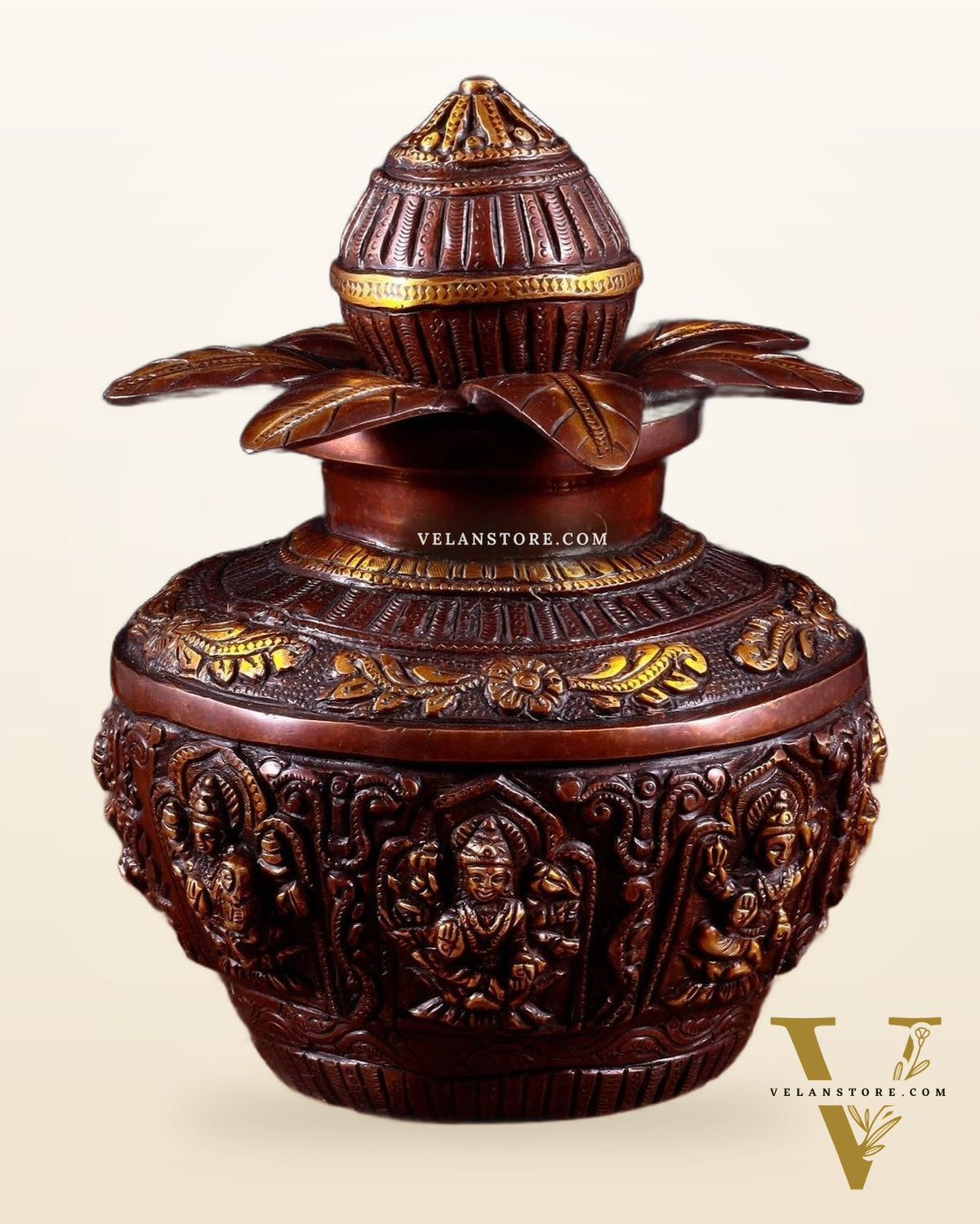 Pure Brass Ashtalakshmi Kalash with Detachable Top – Copper Tone – 11”