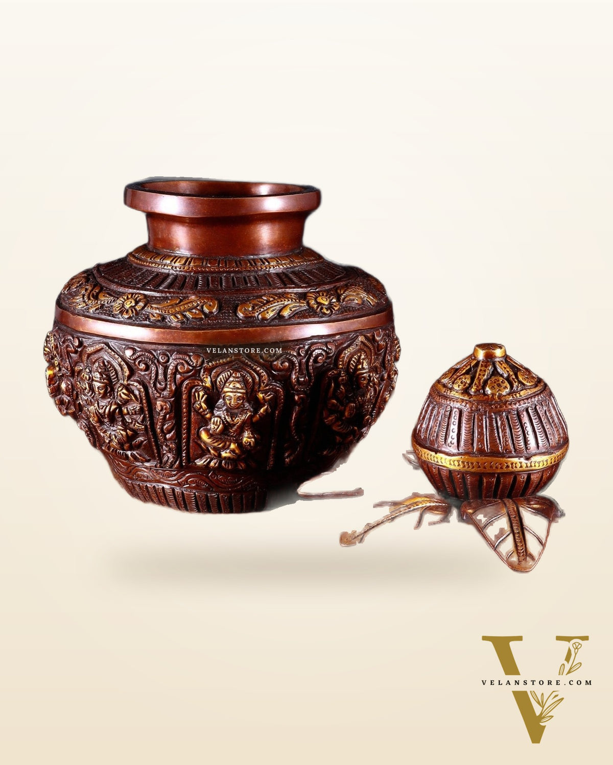 Pure Brass Ashtalakshmi Kalash with Detachable Top – Copper Tone – 11”