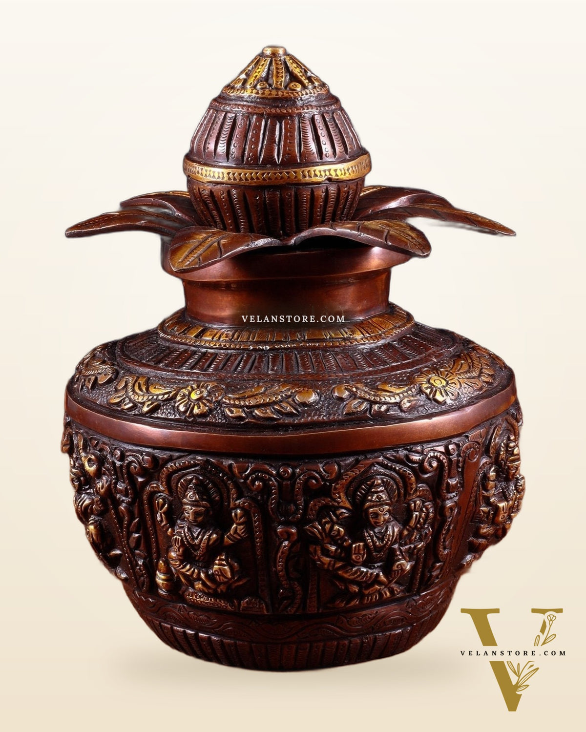 Pure Brass Ashtalakshmi Kalash with Detachable Top – Copper Tone – 11”
