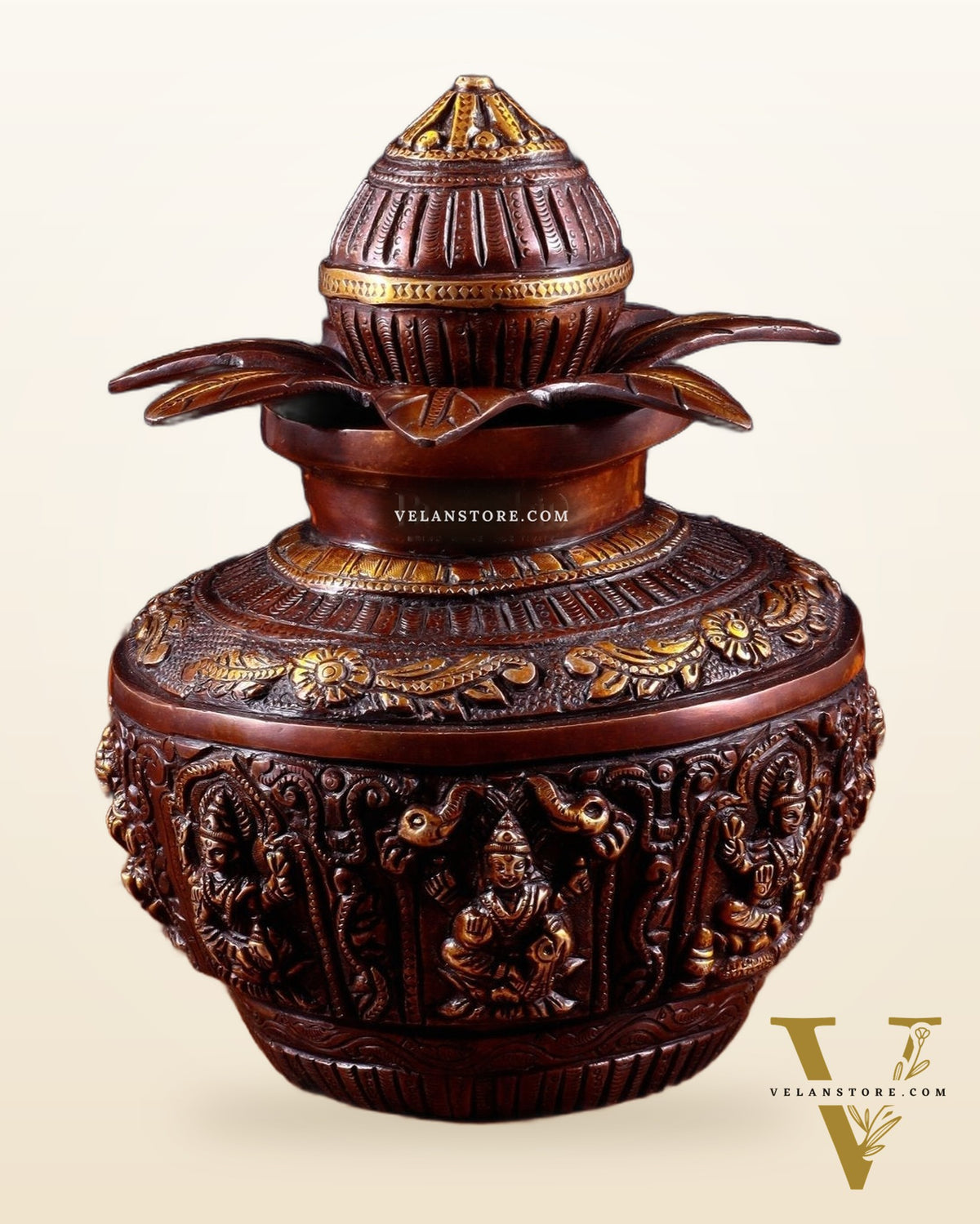 Pure Brass Ashtalakshmi Kalash with Detachable Top – Copper Tone – 11”