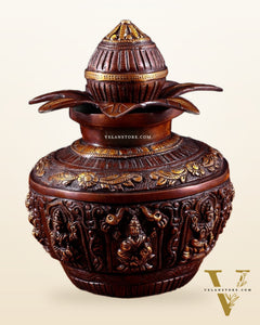Pure Brass Ashtalakshmi Kalash with Detachable Top – Copper Tone – 11”