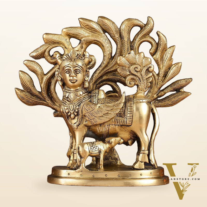 Pure Brass Auspicious Kamdhenu Cow with Kalpavriksha Idol - 7.5"