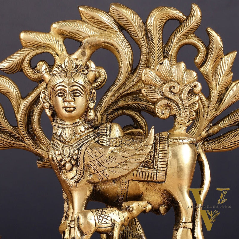 Pure Brass Auspicious Kamdhenu Cow with Kalpavriksha Idol - 7.5"