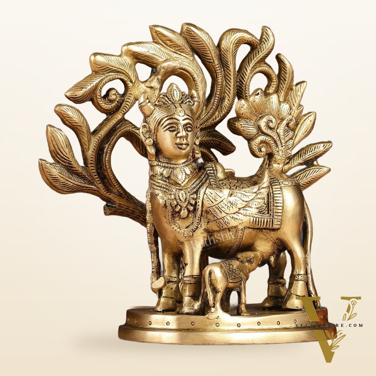 Pure Brass Auspicious Kamdhenu Cow with Kalpavriksha Idol - 7.5"