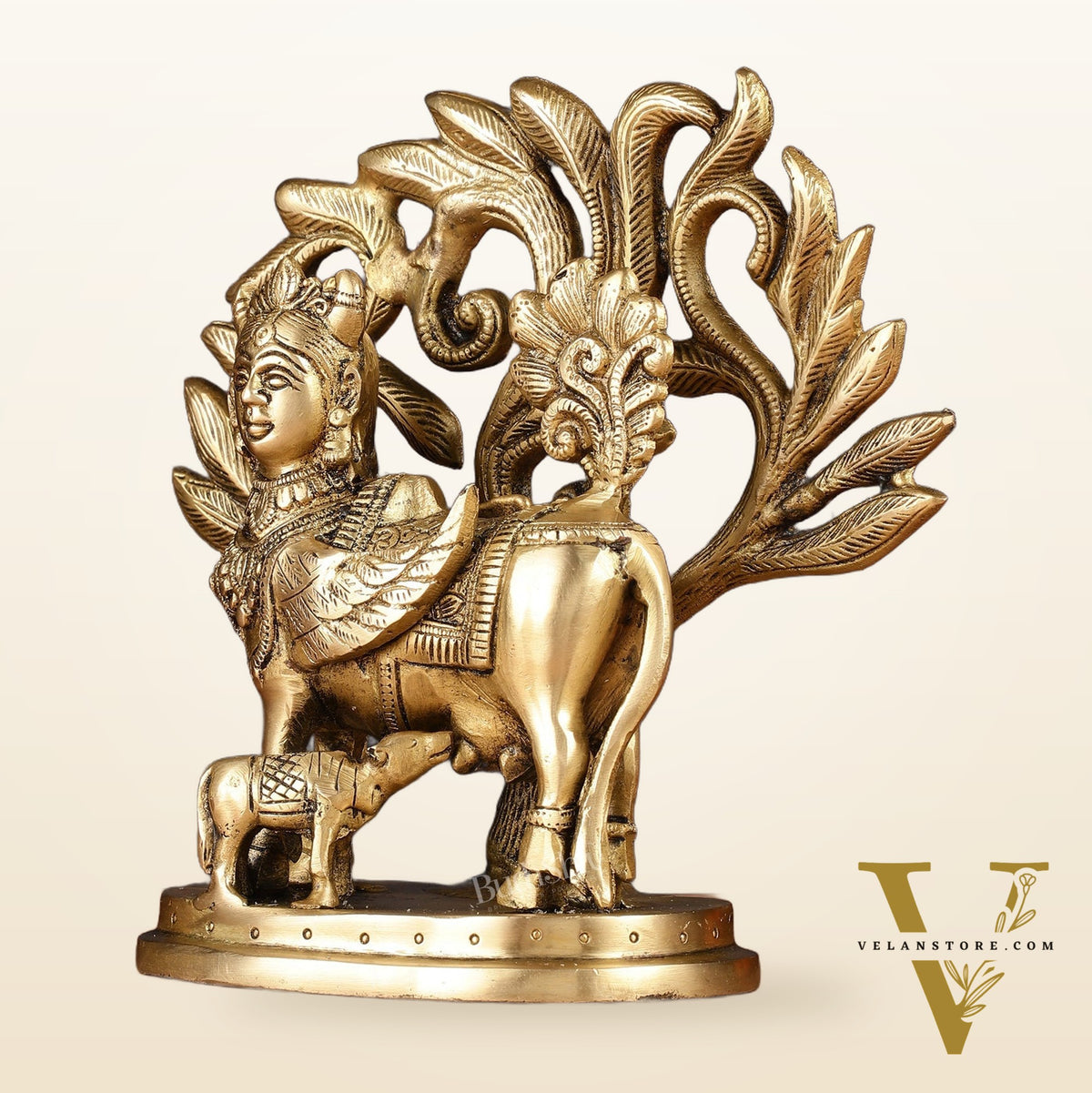 Pure Brass Auspicious Kamdhenu Cow with Kalpavriksha Idol - 7.5"