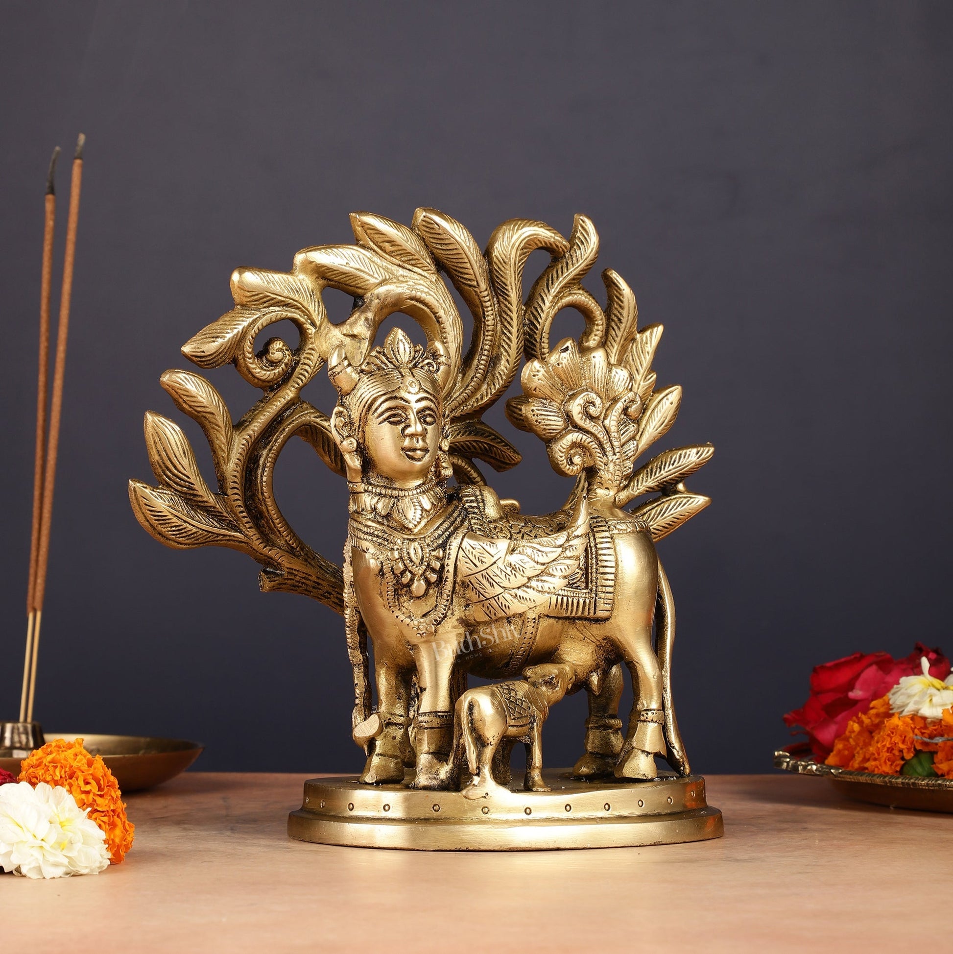 Pure Brass Auspicious Kamdhenu Cow with Kalpavriksha Idol - 7.5"