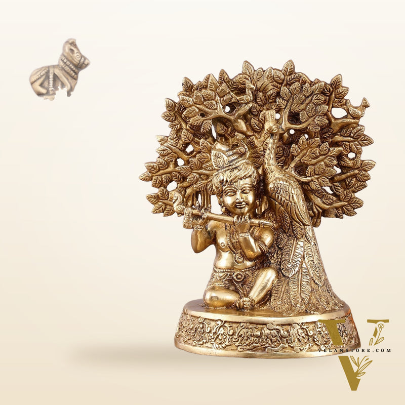 Pure Brass Baal Gopal Krishna Playing Flute Under Tree with Peacock - Unique Idol