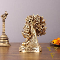 Pure Brass Baal Gopal Krishna Playing Flute Under Tree with Peacock - Unique Idol
