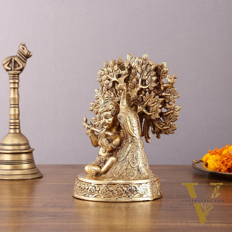 Pure Brass Baal Gopal Krishna Playing Flute Under Tree with Peacock - Unique Idol