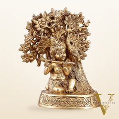 Pure Brass Baal Gopal Krishna Playing Flute Under Tree with Peacock - Unique Idol