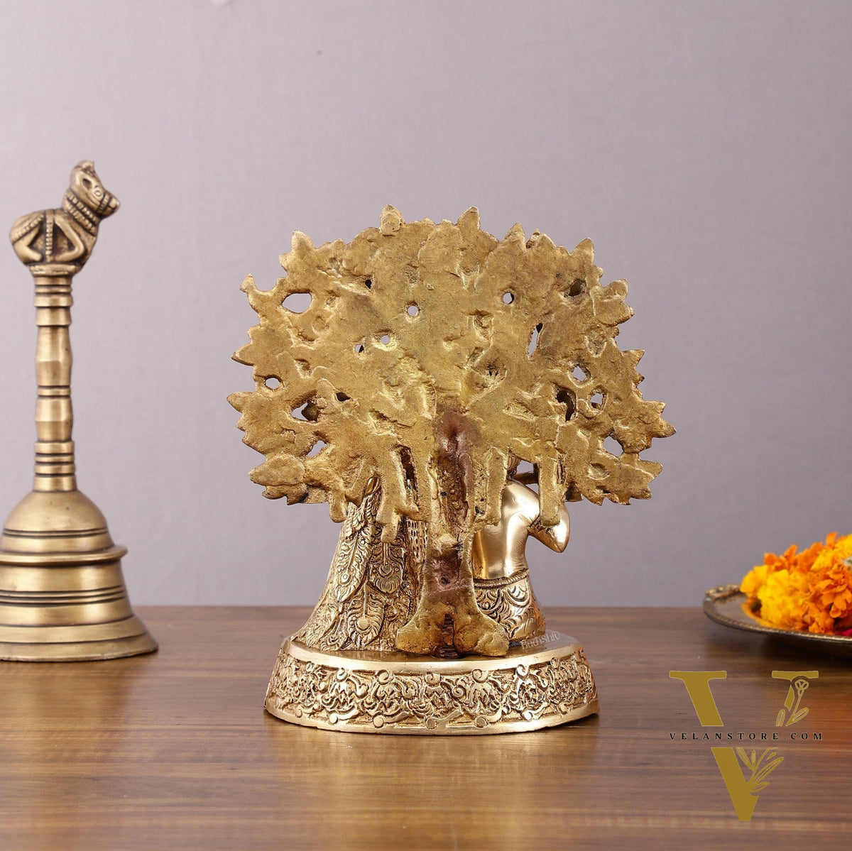 Pure Brass Baal Gopal Krishna Playing Flute Under Tree with Peacock - Unique Idol
