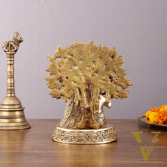 Pure Brass Baal Gopal Krishna Playing Flute Under Tree with Peacock - Unique Idol