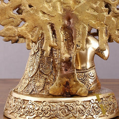 Pure Brass Baal Gopal Krishna Playing Flute Under Tree with Peacock - Unique Idol