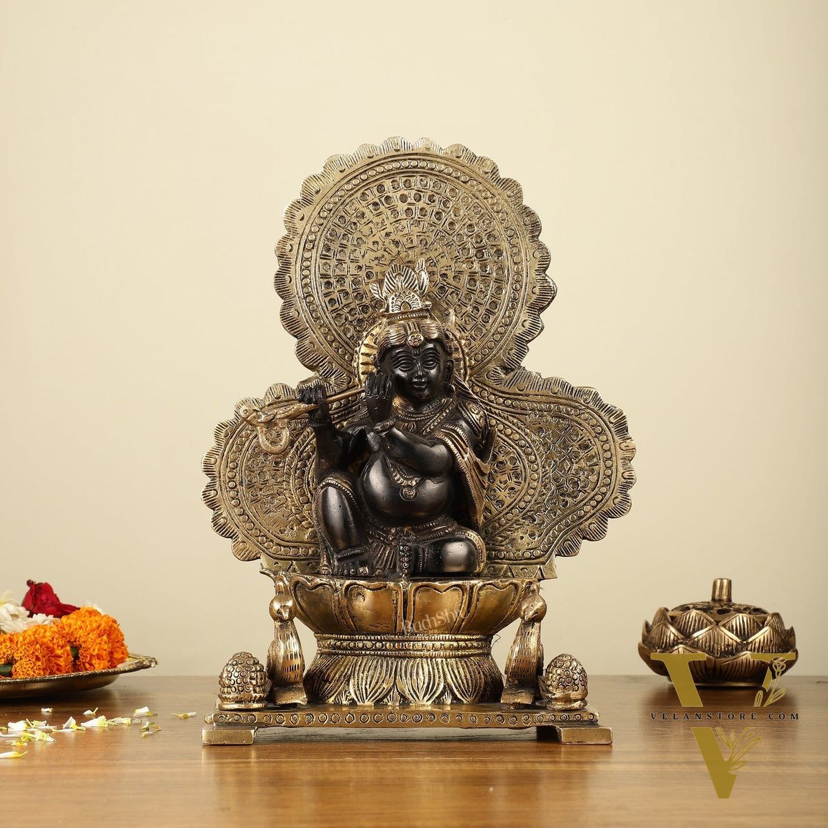 Pure Brass Baal Krishna with Peacocks Idol 11 inch