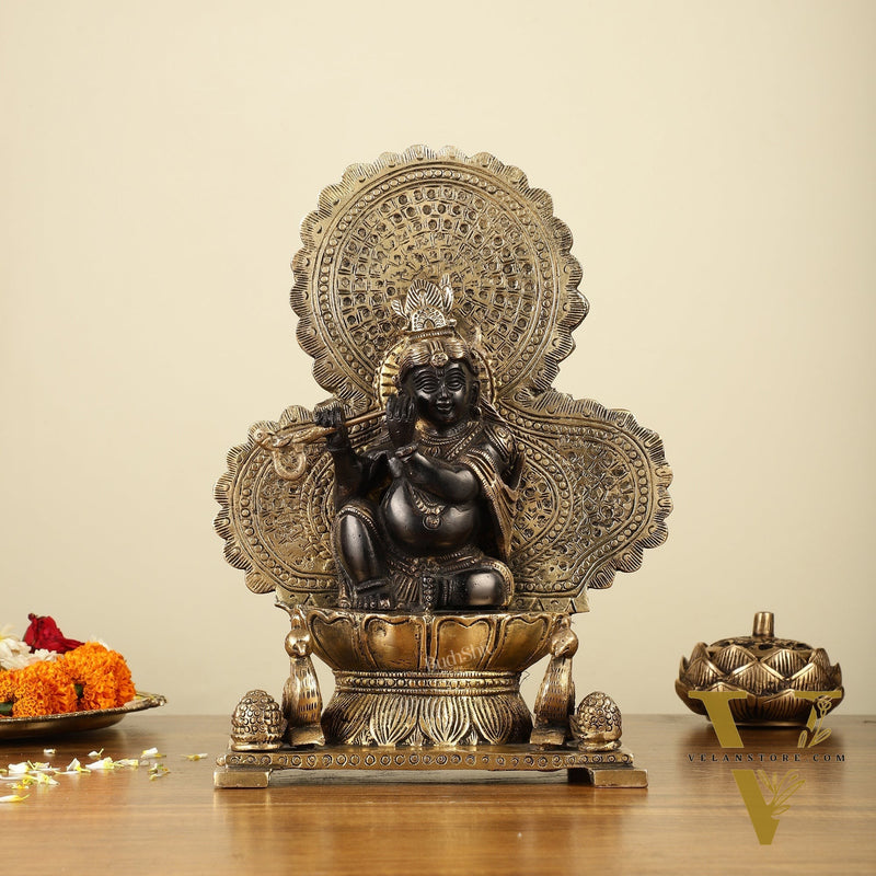 Pure Brass Baal Krishna with Peacocks Idol 11 inch