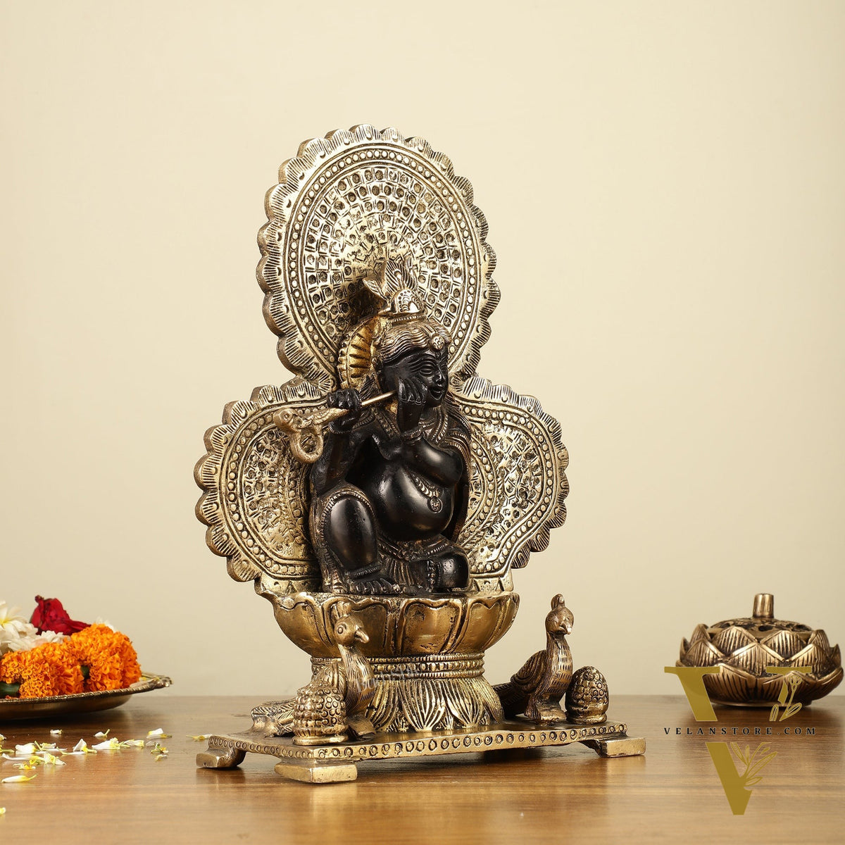 Pure Brass Baal Krishna with Peacocks Idol 11 inch