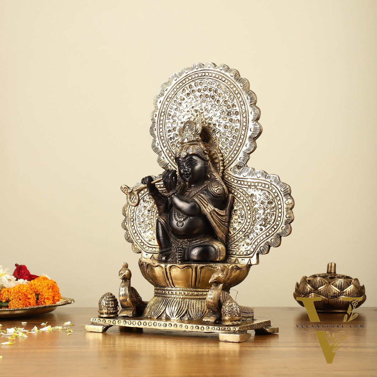 Pure Brass Baal Krishna with Peacocks Idol 11 inch