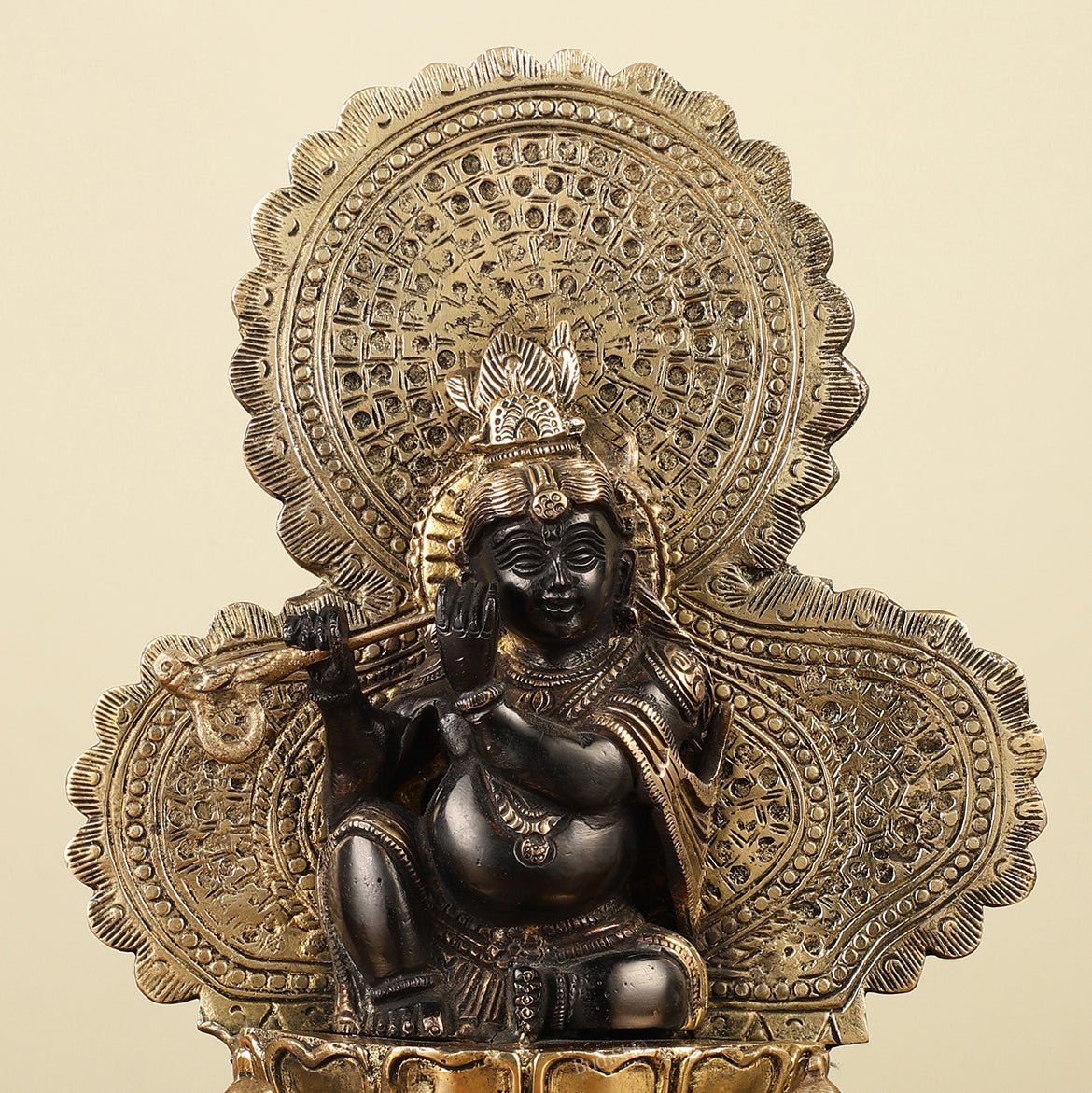 Pure Brass Baal Krishna with Peacocks Idol 11 inch